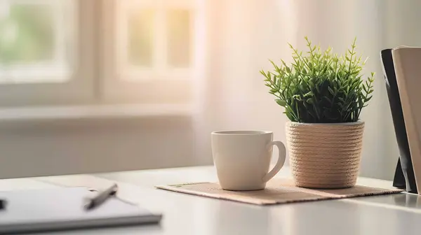 Close up view of simple workspace with laptop, notebooks, coffee cup and tree pot on white table with blurred office room background