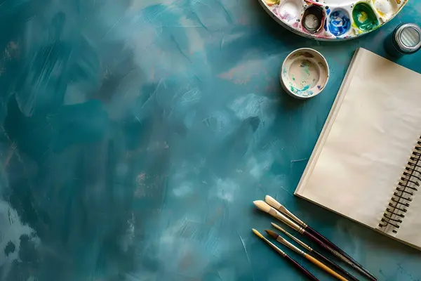 Yaratıcı Çalışma Alanı: Tepede sergilenen resim malzemeleri (resim kitapları, boya fırçaları ve suluboya paletleri).