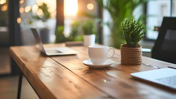 Laptop ve kahve fincanı olan rahat bir kafe çalışma alanı