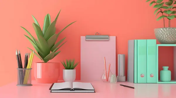 Boş çerçeve, sepet, vazo ve dizüstü bilgisayarlı mavi masa.