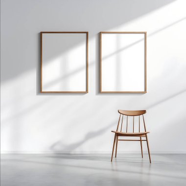 Beyaz duvar, gri zemin, duvarda 2 ahşap çerçeve, parlak yapay stüdyo, çerçevelerin altında Danimarkalı bir sandalye, fotorealistik goerz hipergon 65.