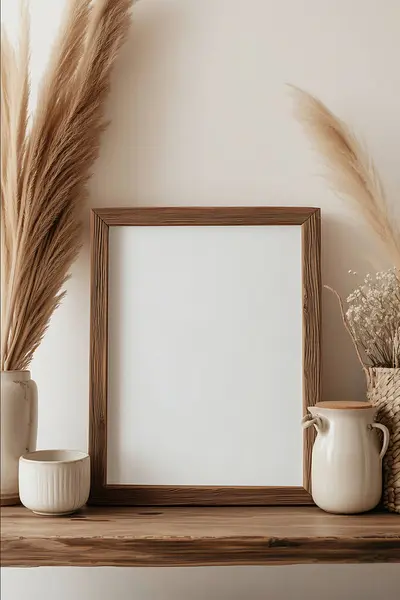 Fotorealistik keskin odak 8k boho biçimi çerçevelenmiş boş beyaz model resim 3x2 orantılı çerçeve düz öndeki ışık dolu odada oturuyor kanon üzerinde raf çekim