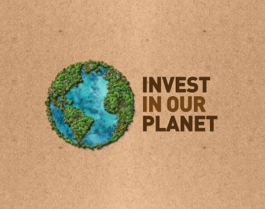 Invest in our planet. Earth day 2023 3d concept background. Ecology concept. Design with 3d globe map drawing and leaves isolated on white background. 