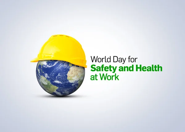 World Day for Safety and Health at Work concept. The planet Earth and the helmet symbol of safety and health at work place. Safety and Health at Work concept.