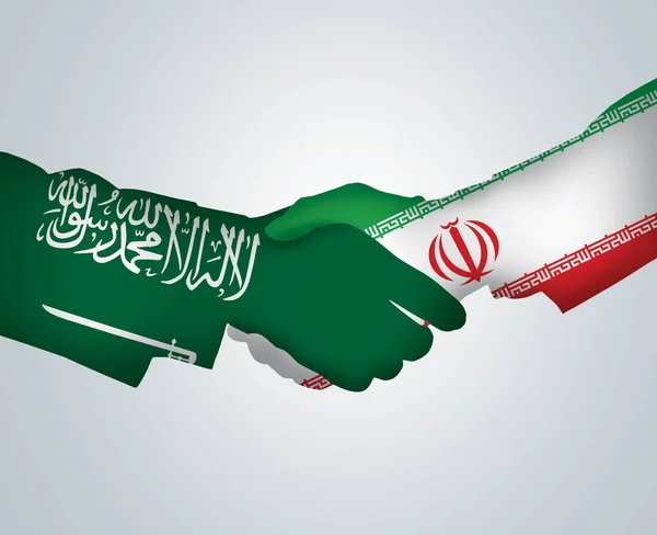 İran ve Suudi Arabistan - İşbirliği ve dostluğu simgeleyen bayrak elleri. Suudi Arabistan ve İran bir anlaşma yaptı. Suudi Arabistan ve İran 'ın dostane ilişkileri.