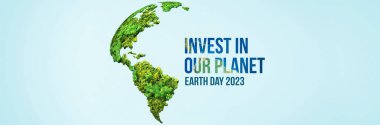 Invest in our planet. Earth day 2023 3d concept background. Ecology concept. Design with 3d globe map drawing and leaves isolated on white background. 