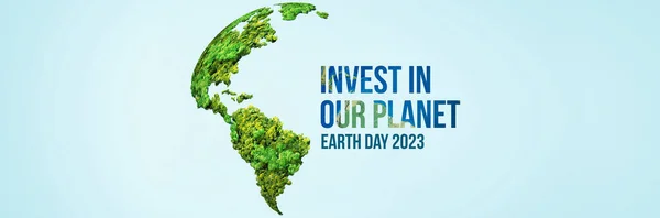 Invest in our planet. Earth day 2023 3d concept background. Ecology concept. Design with 3d globe map drawing and leaves isolated on white background.
