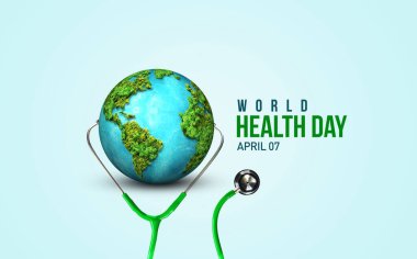 Sağlığınıza. Dünya Sağlık Günü 2023 konsept geçmişi. Doktor steteskop ile Dünya Sağlık Günü konsept metin tasarımı.