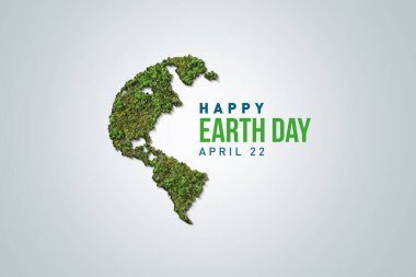 Earth day concept. 3d eco friendly design. Earth map shapes with trees water and shadow. Save the Earth concept. Happy Earth Day, 22 April.