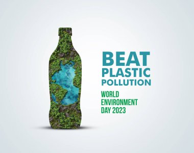 #BeatPlastikKirlilik, Dünya Çevre Günü konsepti 2023 ağaç arka planı. parmak izi simgesi. Yeşil ormanlı pankart kesimi.. 