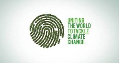 Uniting the world to tackle climate change. World Environment day concept 2023 3d tree background. fingerprint icon paper cut banner with green forest.  clipart