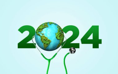 2024 yeni yıl sağlık sigortası konsepti. Sağlıklı bir yeni yıl. 2024 yılının 3 boyutlu yaratıcısı. Doktor steteskop gülümseyen kalp ve mavi arka plan.