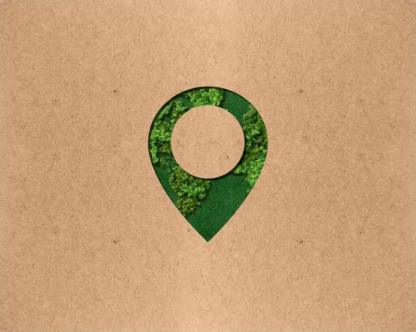 Green location symbol of pin. A green forest shape on location pin concept of green place for tourist or visit. Green Destination. Environment day concept. World Forestry Day.