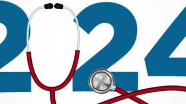 2024 yeni yıl sağlık sigortası konsepti. Sağlıklı yeni yıl 2024 yeni yılı için yaratıcı vektör çizimi. Doktor stetoskop, gülümseyen kalp ve mavi torba.