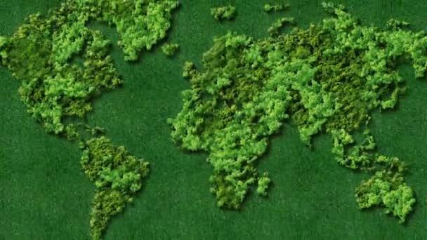 グリーンワールドマップの木または白い背景に隔離された世界地図の森の形状 ワールドマップ グリーンアースデーまたは環境デーコンセプト 固体白のさまざまな詳細な木で構成されたワールドマップ — ストック動画