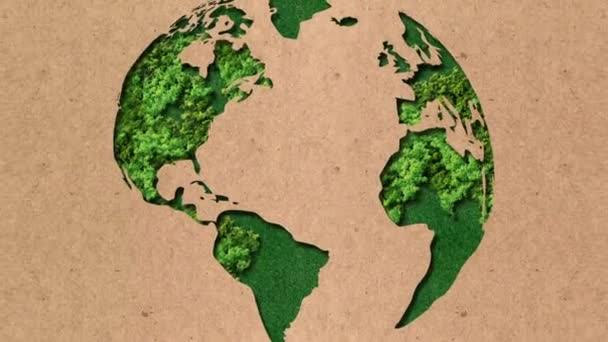 グリーンワールドマップ 地球の日ビデオツリーまたは白い背景に隔離された世界地図の森の形 地球の日か環境の日 コンセプト 電気自動車が付いている緑の地球 パリ協定コンセプト — ストック動画