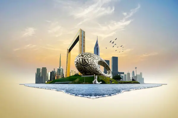 Dubai şehrinin 3 boyutlu konsept geçmişi. Şafakta lüks gökdelenleri olan inanılmaz şehir merkezi gökdelenleri, Birleşik Arap Emirlikleri