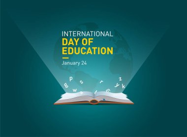 Uluslararası eğitim günü vektör illüstrasyonu. Alfabe harfleri ve toprak içeren kalem açık bir kitap. Çocuk eğitim geçmişi veya öğrenme etkinliği kavramı.