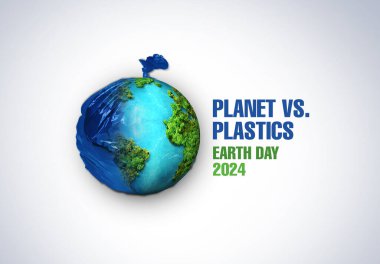 Plastiklere karşı Gezegen, 2024 Dünya Günü konsepti 3D ağaç arka planı. Ekoloji konsepti. Beyaz arkaplanda izole edilmiş dünya haritası çizimi ve yaprakları olan tasarım. 