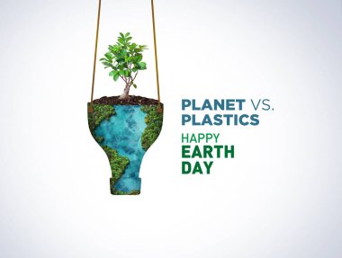 Plastiklere karşı Gezegen, 2024 Dünya Günü konsepti 3D ağaç arka planı. Ekoloji konsepti. Beyaz arkaplanda izole edilmiş dünya haritası çizimi ve yaprakları olan tasarım. 