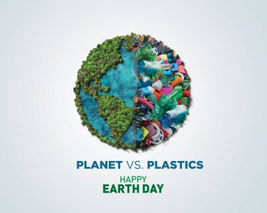 Plastiklere karşı Gezegen, 2024 Dünya Günü konsepti 3D ağaç arka planı. Ekoloji konsepti. Beyaz arkaplanda izole edilmiş dünya haritası çizimi ve yaprakları olan tasarım. 