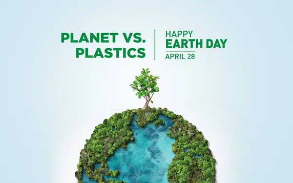 Plastiklere karşı Gezegen, 2024 Dünya Günü konsepti 3D ağaç arka planı. Ekoloji konsepti. Beyaz arkaplanda izole edilmiş dünya haritası çizimi ve yaprakları olan tasarım. 