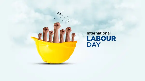 İşçi Bayramı konseptin kutlu olsun. 1 Mayıs - Uluslararası İşçi Bayramı 3D konsepti. İş güvenliği ve tam da işyerinde. Dünya İş Güvenliği ve Sağlık Günü konsepti. Herkes İçin Sosyal Adalet ve Düzgün Çalışma