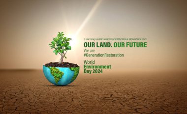 World Environment Day 2024 concept - Land restoration, desertification and drought resilience, 3d tree background. Ecology concept. We are #GenerationRestoration clipart