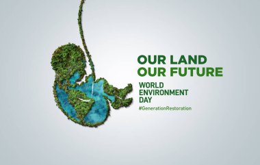 Dünya Çevre Günü 2024 konsepti - arazi restorasyonu, çölleşme ve kuraklık dayanıklılığı, 3 boyutlu ağaç geçmişi. Ekoloji konsepti. Biz # Nesil Yenilemesiyiz
