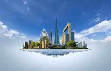 Dubai şehrinin 3 boyutlu konsept geçmişi. Şafakta lüks gökdelenleri olan muhteşem şehir silüeti, Birleşik Arap Emirlikleri