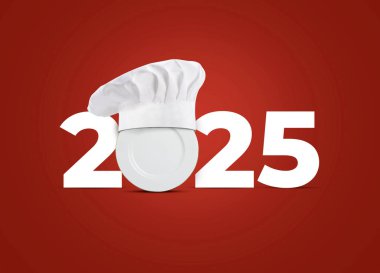 Yeni Yıl 2025 'in muhteşem kırmızı arka planda izole edilmiş restoran ya da yiyecek markası konsepti. Gıda Yeni Yıl Çizim Konsepti.