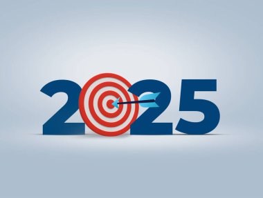 Yeni yıl 2025 Hedef kavramı. Tebrik kartı ve oklu yuvarlak hedef. Gelecek yıl için yeni hedefler ve başarıya ulaşmak.