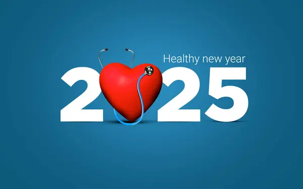 2025 yeni yıl sağlık sigortası konsepti. Sağlıklı bir yeni yıl. 2025 yılı için 3D yaratıcı. Doktor steteskop gülümseyen kalp ve mavi arka plan.