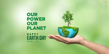 Gücümüz, gezegenimiz. Dünya Günü 2025 3 boyutlu kavram geçmişi. Ekoloji konsepti. 3d dünya haritası çizimi olan tasarım ve beyaz arkaplanda izole edilmiş yapraklar.