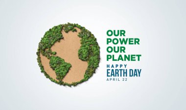 Gücümüz, gezegenimiz. Dünya Günü 2025 3 boyutlu kavram geçmişi. Ekoloji konsepti. 3d dünya haritası çizimi olan tasarım ve beyaz arkaplanda izole edilmiş yapraklar.