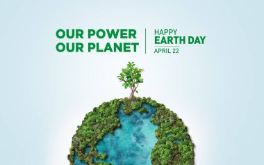 Gücümüz, gezegenimiz. Dünya Günü 2025 3 boyutlu kavram geçmişi. Ekoloji konsepti. 3d dünya haritası çizimi olan tasarım ve beyaz arkaplanda izole edilmiş yapraklar.