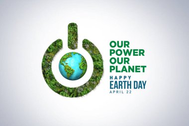 Gücümüz, gezegenimiz. Dünya Günü 2025 3 boyutlu kavram geçmişi. Ekoloji konsepti. 3d dünya haritası çizimi olan tasarım ve beyaz arkaplanda izole edilmiş yapraklar.