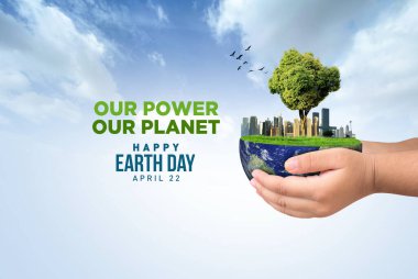 Gücümüz, gezegenimiz. Dünya Günü 2025 3 boyutlu kavram geçmişi. Ekoloji konsepti. 3d dünya haritası çizimi olan tasarım ve beyaz arkaplanda izole edilmiş yapraklar.