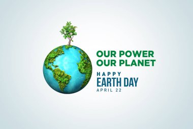 Gücümüz, gezegenimiz. Dünya Günü 2025 3 boyutlu kavram geçmişi. Ekoloji konsepti. 3d dünya haritası çizimi olan tasarım ve beyaz arkaplanda izole edilmiş yapraklar.