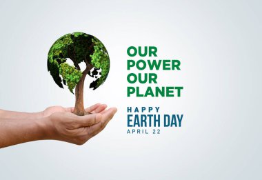 Gücümüz, gezegenimiz. Dünya Günü 2025 3 boyutlu kavram geçmişi. Ekoloji konsepti. 3d dünya haritası çizimi olan tasarım ve beyaz arkaplanda izole edilmiş yapraklar.