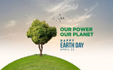 Gücümüz, gezegenimiz. Dünya Günü 2025 3 boyutlu kavram geçmişi. Ekoloji konsepti. 3d dünya haritası çizimi olan tasarım ve beyaz arkaplanda izole edilmiş yapraklar.