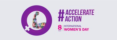 Accelerate action - International women's day concept poster. Woman sign illustration background. 2025 women's day campaign theme - #AccelerateAction clipart