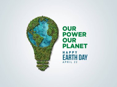 Gücümüz, gezegenimiz. Dünya Günü 2025 3 boyutlu kavram geçmişi. Ekoloji konsepti. 3d dünya haritası çizimi olan tasarım ve beyaz arkaplanda izole edilmiş yapraklar.