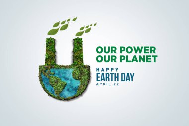 Gücümüz, gezegenimiz. Dünya Günü 2025 3 boyutlu kavram geçmişi. Ekoloji konsepti. 3d dünya haritası çizimi olan tasarım ve beyaz arkaplanda izole edilmiş yapraklar.