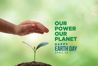 Gücümüz, gezegenimiz. Dünya Günü 2025 3 boyutlu kavram geçmişi. Ekoloji konsepti. 3d dünya haritası çizimi olan tasarım ve beyaz arkaplanda izole edilmiş yapraklar.