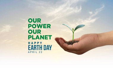 Gücümüz, gezegenimiz. Dünya Günü 2025 3 boyutlu kavram geçmişi. Ekoloji konsepti. 3d dünya haritası çizimi olan tasarım ve beyaz arkaplanda izole edilmiş yapraklar.