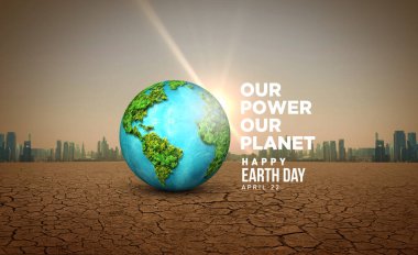 Gücümüz, gezegenimiz. Dünya Günü 2025 3 boyutlu kavram geçmişi. Ekoloji konsepti. 3d dünya haritası çizimi olan tasarım ve beyaz arkaplanda izole edilmiş yapraklar.