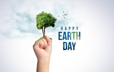 Gücümüz, gezegenimiz. Dünya Günü 2025 3 boyutlu kavram geçmişi. Ekoloji konsepti. 3d dünya haritası çizimi olan tasarım ve beyaz arkaplanda izole edilmiş yapraklar.