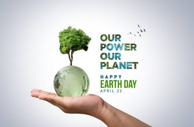 Gücümüz, gezegenimiz. Dünya Günü 2025 3 boyutlu kavram geçmişi. Ekoloji konsepti. 3d dünya haritası çizimi olan tasarım ve beyaz arkaplanda izole edilmiş yapraklar.