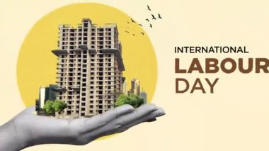 İşçi Bayramı konseptin kutlu olsun. 1 Mayıs - Uluslararası İşçi Bayramı 3D konsepti. İş güvenliği ve tam da işyerinde. Dünya İş Güvenliği ve Sağlık Günü konsepti.